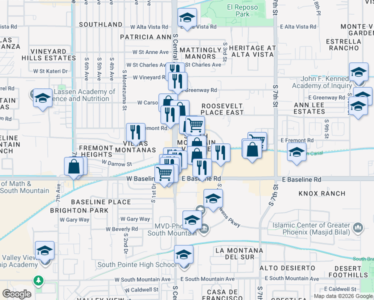 map of restaurants, bars, coffee shops, grocery stores, and more near 7347 South Central Avenue in Phoenix