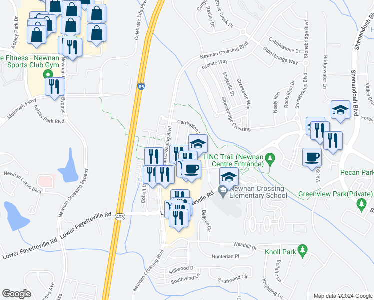 map of restaurants, bars, coffee shops, grocery stores, and more near 28 October Avenue in Newnan