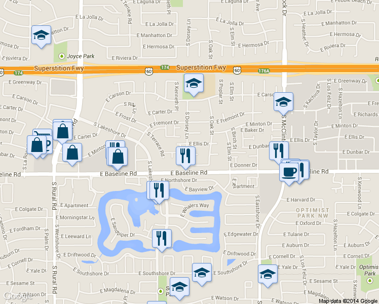 map of restaurants, bars, coffee shops, grocery stores, and more near 1321 East Dunbar Drive in Tempe
