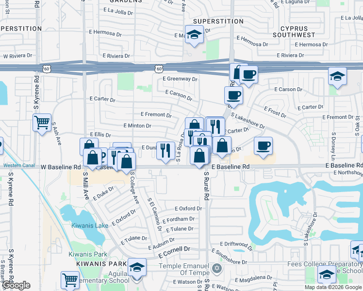 map of restaurants, bars, coffee shops, grocery stores, and more near 610 East Dunbar Drive in Tempe