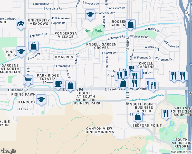 map of restaurants, bars, coffee shops, grocery stores, and more near 4520 East Baseline Road in Phoenix