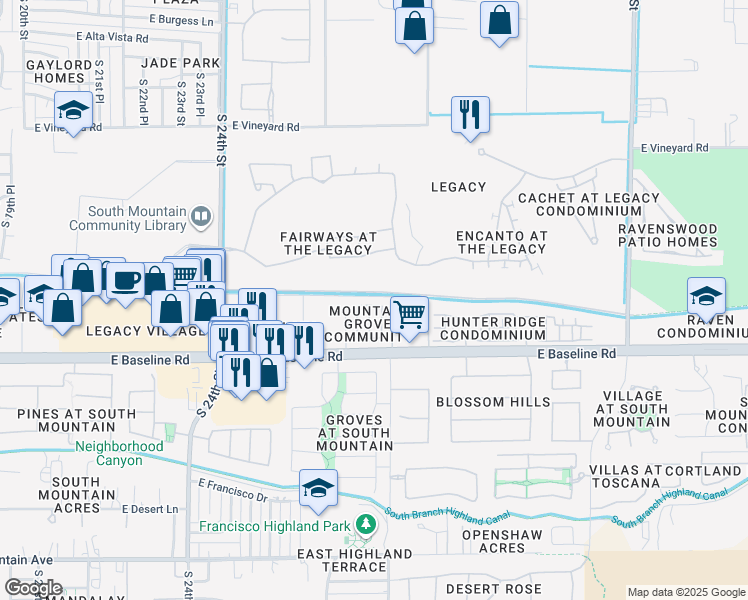 map of restaurants, bars, coffee shops, grocery stores, and more near 7413 South 27th Terrace in Phoenix