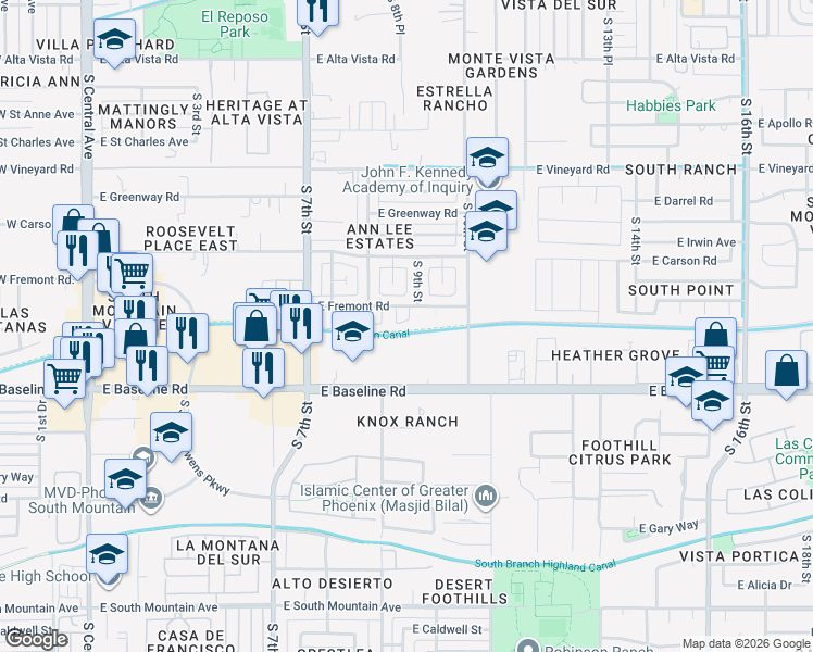 map of restaurants, bars, coffee shops, grocery stores, and more near 837 East Minton Street in Phoenix