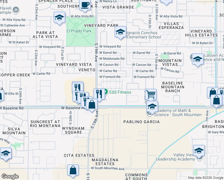 map of restaurants, bars, coffee shops, grocery stores, and more near 1803 West Pollack Street in Phoenix