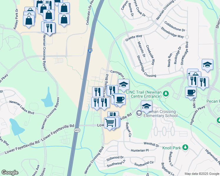 map of restaurants, bars, coffee shops, grocery stores, and more near 20 October Avenue in Newnan