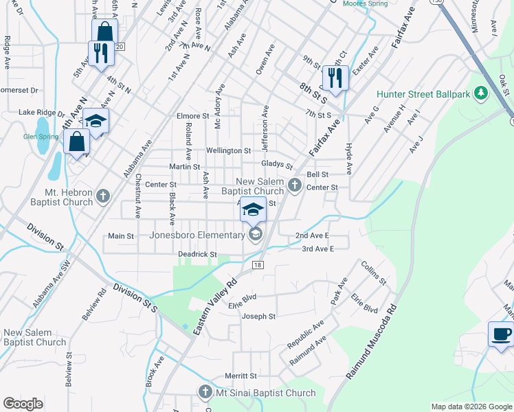 map of restaurants, bars, coffee shops, grocery stores, and more near 208 Jefferson Avenue in Bessemer