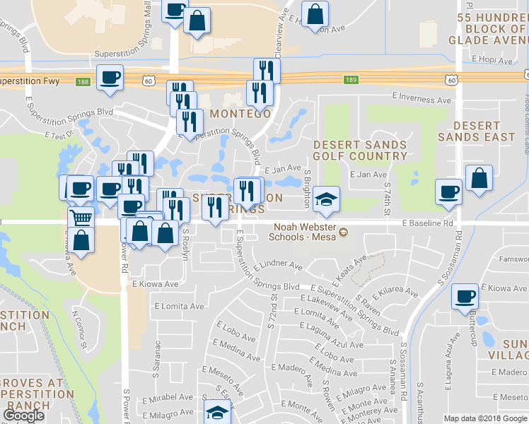 map of restaurants, bars, coffee shops, grocery stores, and more near 7113 East Jacob Avenue in Mesa