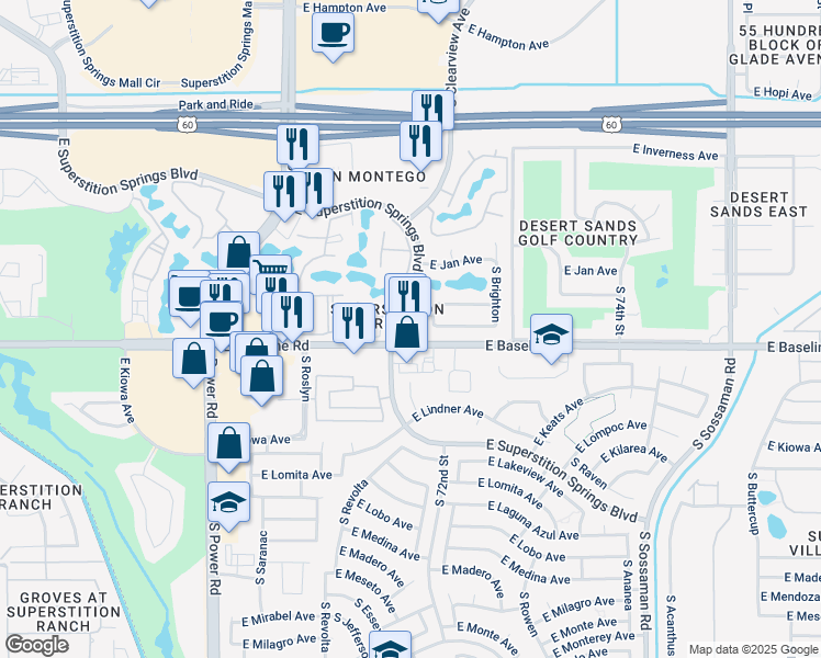 map of restaurants, bars, coffee shops, grocery stores, and more near 7113 East Jacob Avenue in Mesa