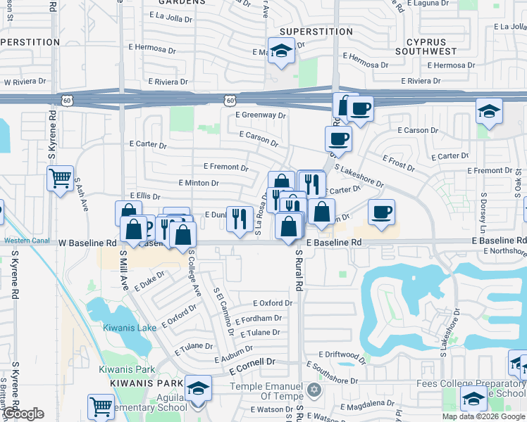 map of restaurants, bars, coffee shops, grocery stores, and more near 610 East Dunbar Drive in Tempe
