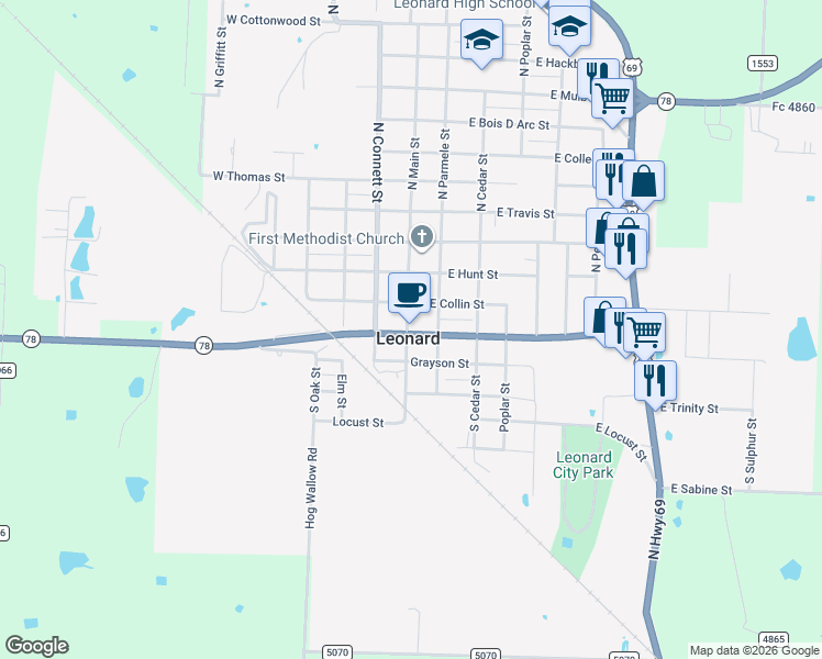 map of restaurants, bars, coffee shops, grocery stores, and more near 118 South Main Street in Leonard