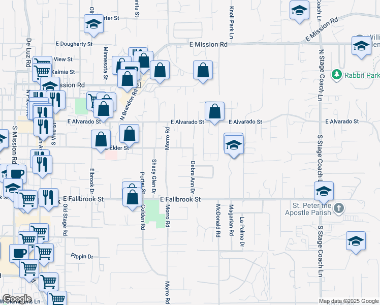 map of restaurants, bars, coffee shops, grocery stores, and more near 437 Debra Ann Drive in Fallbrook