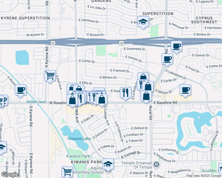 map of restaurants, bars, coffee shops, grocery stores, and more near 323 East Dunbar Drive in Tempe