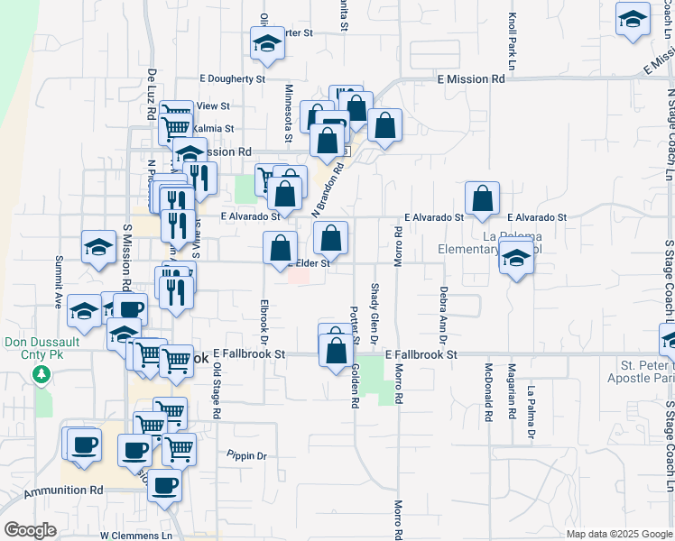 map of restaurants, bars, coffee shops, grocery stores, and more near 713 East Elder Street in Fallbrook