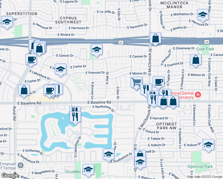 map of restaurants, bars, coffee shops, grocery stores, and more near 1409 East Dunbar Drive in Tempe
