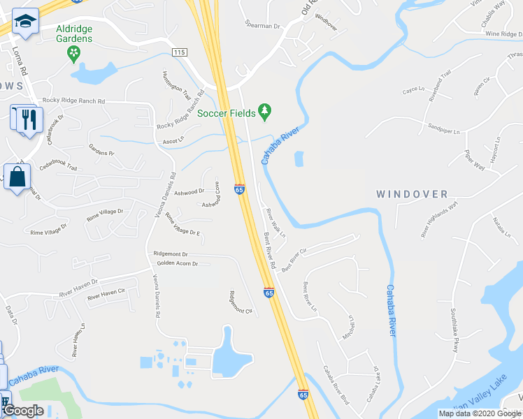 map of restaurants, bars, coffee shops, grocery stores, and more near 3831 Bent River Road in Birmingham