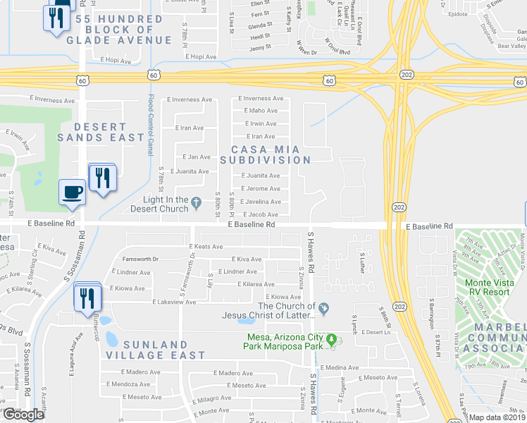 map of restaurants, bars, coffee shops, grocery stores, and more near 8049 East Jacob Avenue in Mesa