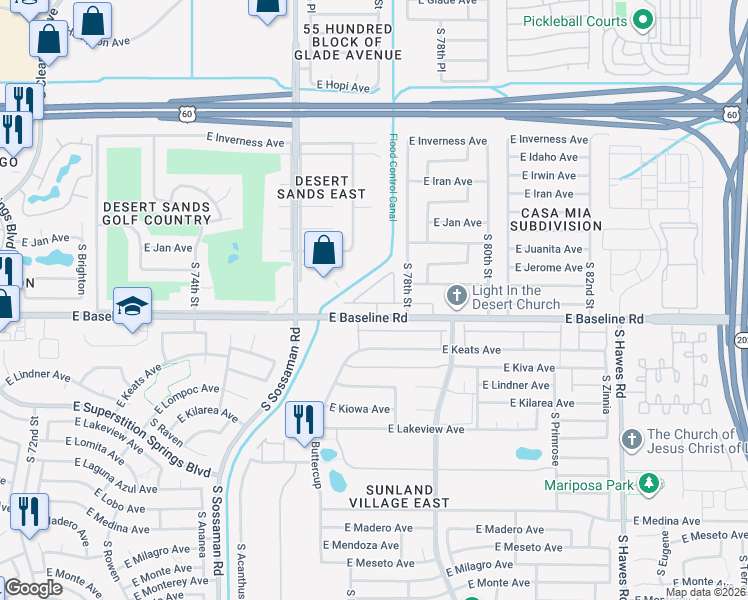 map of restaurants, bars, coffee shops, grocery stores, and more near 7726 East Baseline Road in Mesa