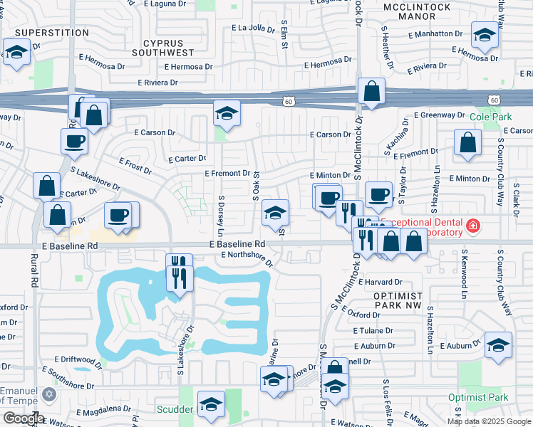 map of restaurants, bars, coffee shops, grocery stores, and more near 1409 East Dunbar Drive in Tempe