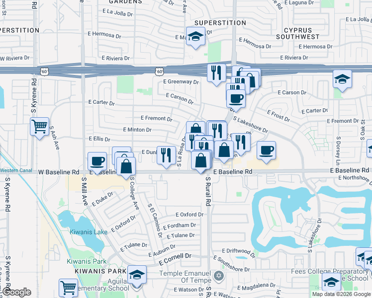 map of restaurants, bars, coffee shops, grocery stores, and more near 5128 South Rural Road in Tempe