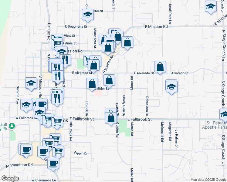 map of restaurants, bars, coffee shops, grocery stores, and more near 325 Potter Street in Fallbrook