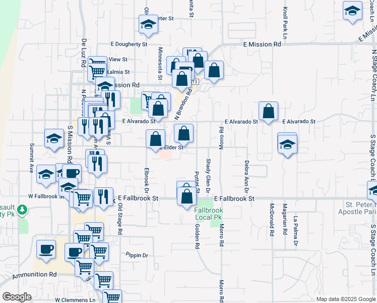 map of restaurants, bars, coffee shops, grocery stores, and more near 325 Potter Street in Fallbrook