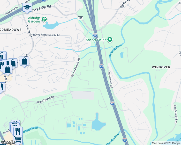 map of restaurants, bars, coffee shops, grocery stores, and more near 7001 Rime Village Drive East in Hoover
