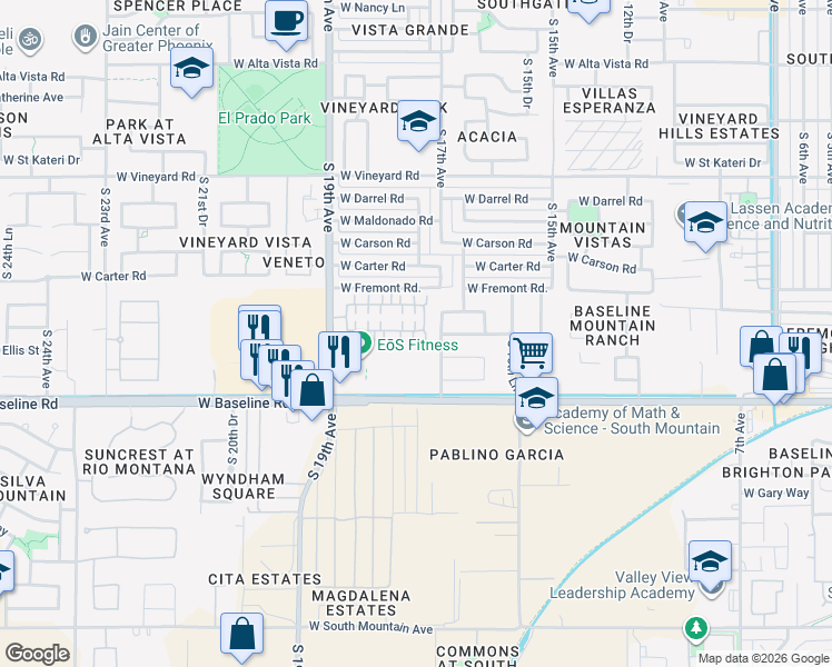 map of restaurants, bars, coffee shops, grocery stores, and more near 1721 West Pollack Street in Phoenix