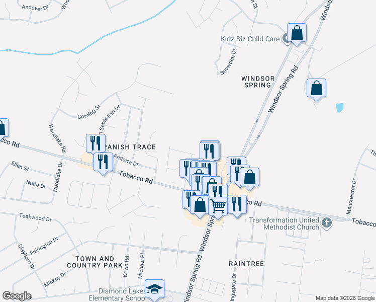 map of restaurants, bars, coffee shops, grocery stores, and more near 3693 Windsor Spring Road in Hephzibah
