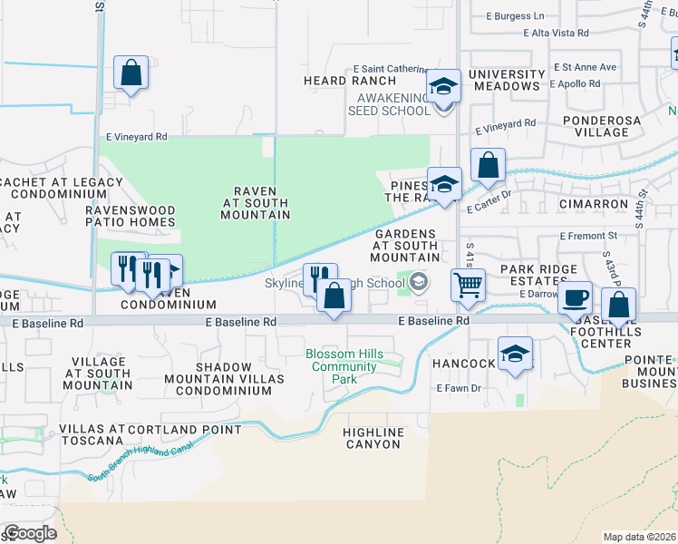 map of restaurants, bars, coffee shops, grocery stores, and more near 3802 East Baseline Road in Phoenix