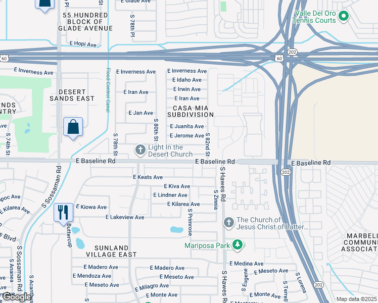 map of restaurants, bars, coffee shops, grocery stores, and more near 8049 East Jacob Avenue in Mesa