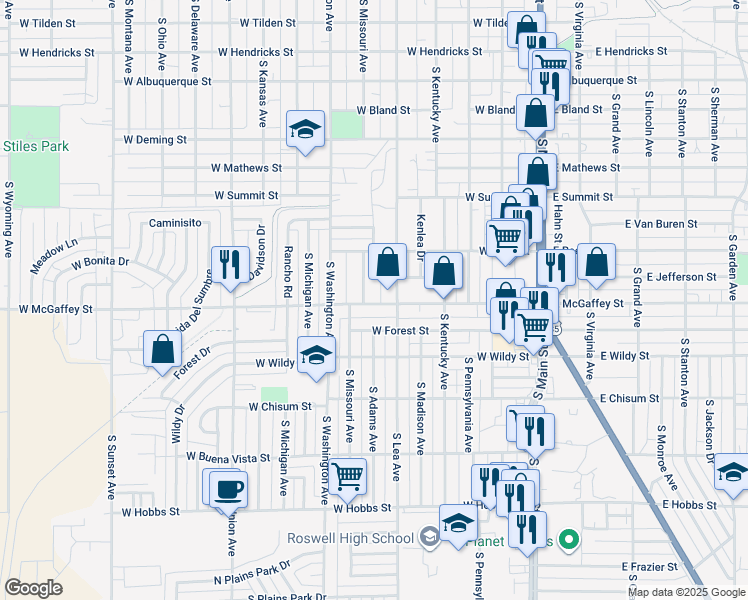 map of restaurants, bars, coffee shops, grocery stores, and more near 509 West McGaffey Street in Roswell