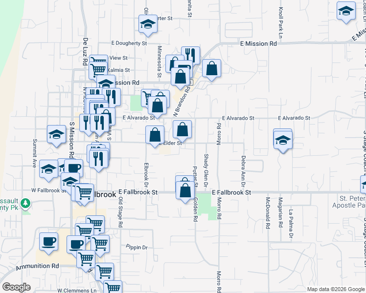 map of restaurants, bars, coffee shops, grocery stores, and more near 645 East Elder Street in Fallbrook