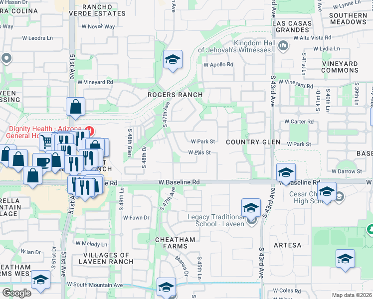 map of restaurants, bars, coffee shops, grocery stores, and more near 4609 West Ellis Street in Phoenix