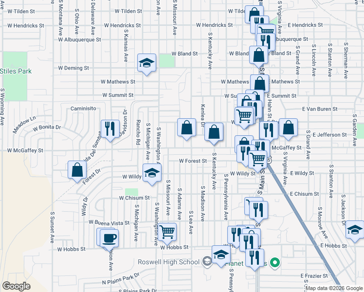 map of restaurants, bars, coffee shops, grocery stores, and more near 1200 South Lea Avenue in Roswell