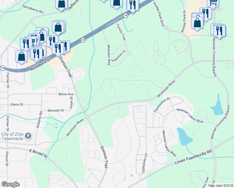 map of restaurants, bars, coffee shops, grocery stores, and more near 90 Brown Ridge Drive in Newnan
