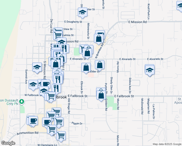 map of restaurants, bars, coffee shops, grocery stores, and more near 593 East Elder Street in Fallbrook