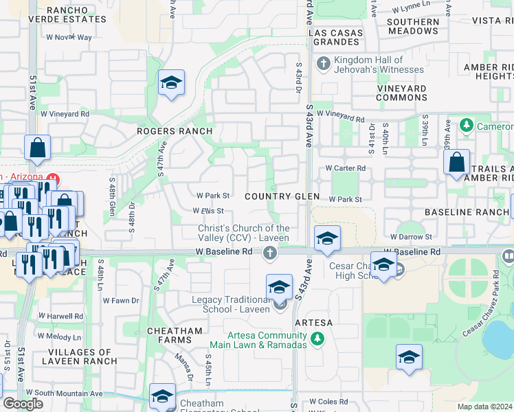 map of restaurants, bars, coffee shops, grocery stores, and more near 4416 West Ellis Street in Phoenix