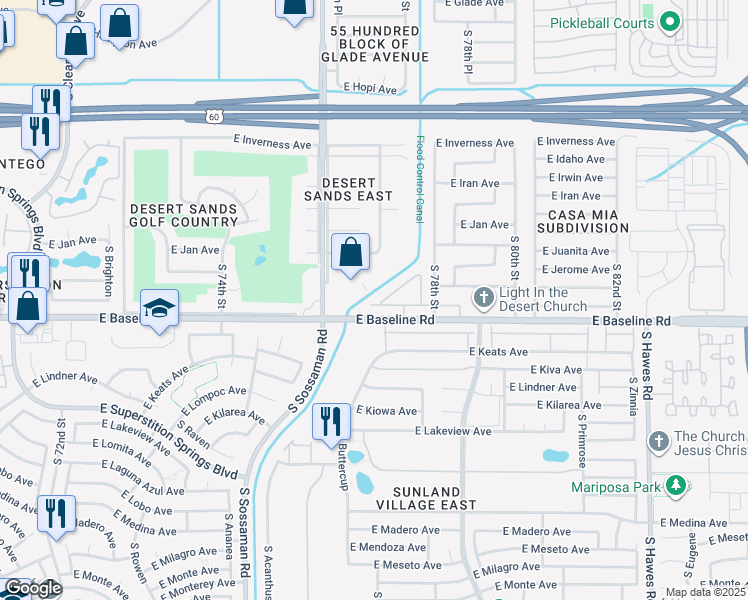map of restaurants, bars, coffee shops, grocery stores, and more near 7620 East Baseline Road in Mesa
