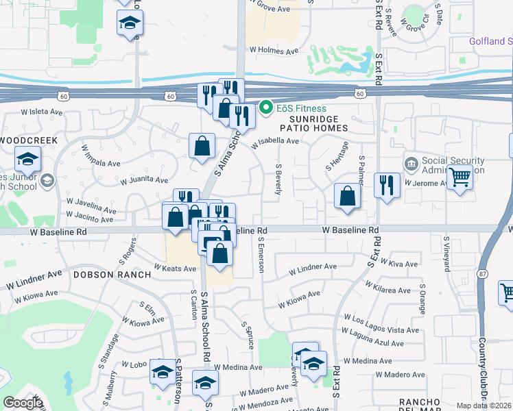 map of restaurants, bars, coffee shops, grocery stores, and more near 1942 South Emerson in Mesa