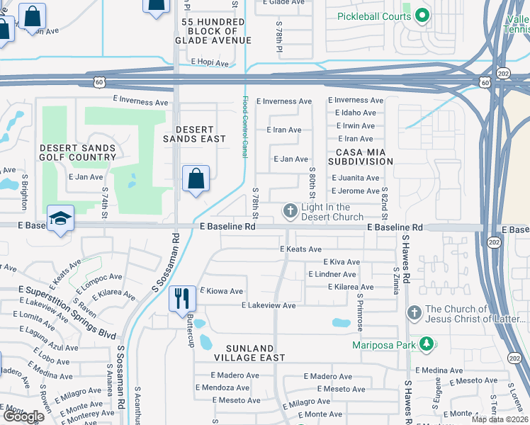 map of restaurants, bars, coffee shops, grocery stores, and more near 7820 East Baseline Road in Mesa
