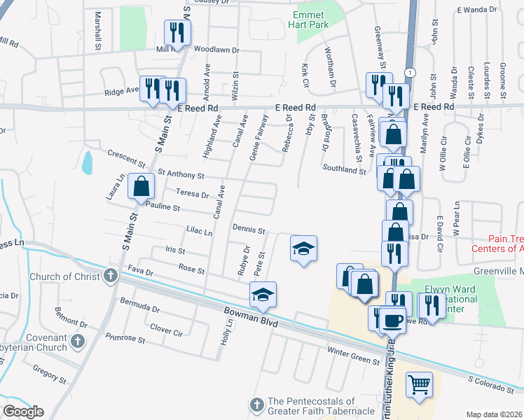 map of restaurants, bars, coffee shops, grocery stores, and more near 552 Jo Ann Circle in Greenville