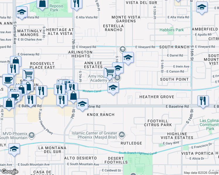map of restaurants, bars, coffee shops, grocery stores, and more near 7321 South 9th Street in Phoenix