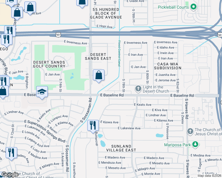 map of restaurants, bars, coffee shops, grocery stores, and more near 7726 East Baseline Road in Mesa