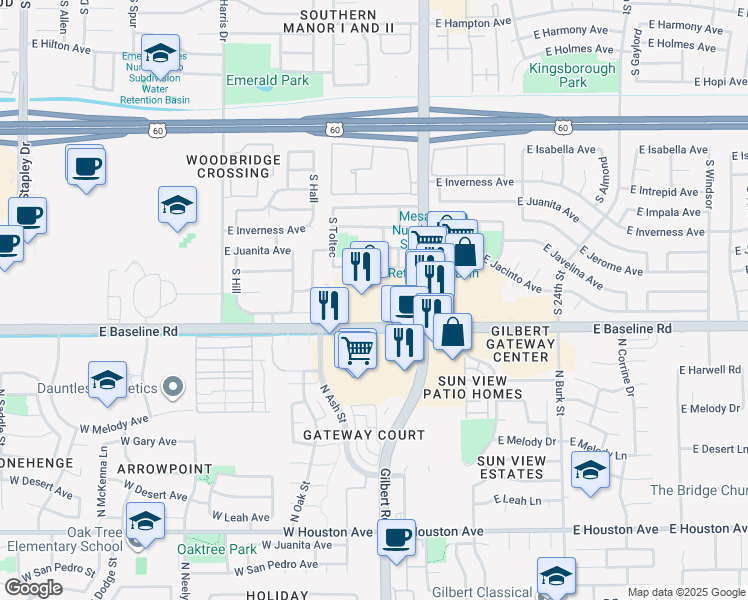 map of restaurants, bars, coffee shops, grocery stores, and more near 1830 East Baseline Road in Mesa