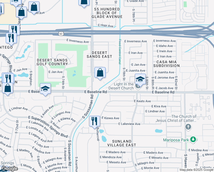 map of restaurants, bars, coffee shops, grocery stores, and more near 7620 East Baseline Road in Mesa