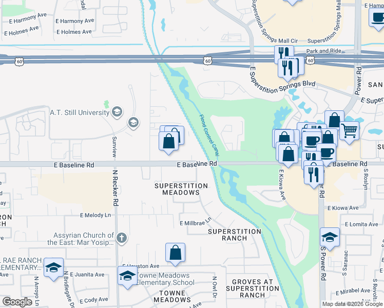 map of restaurants, bars, coffee shops, grocery stores, and more near 6136 E Baseline Rd in Mesa