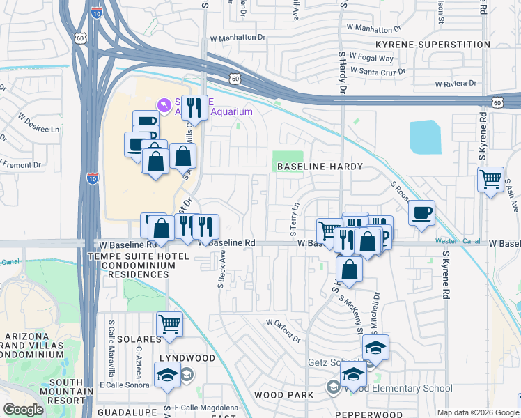 map of restaurants, bars, coffee shops, grocery stores, and more near 5030 South Beck Avenue in Tempe