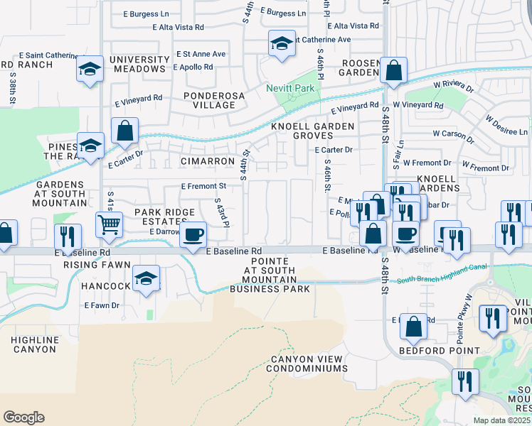 map of restaurants, bars, coffee shops, grocery stores, and more near 4424 East Baseline Road in Phoenix