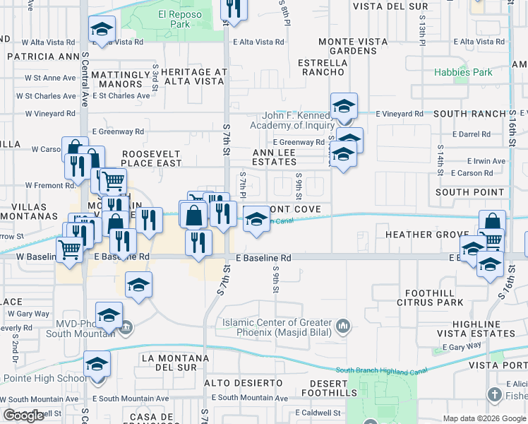 map of restaurants, bars, coffee shops, grocery stores, and more near 807 East Minton Street in Phoenix