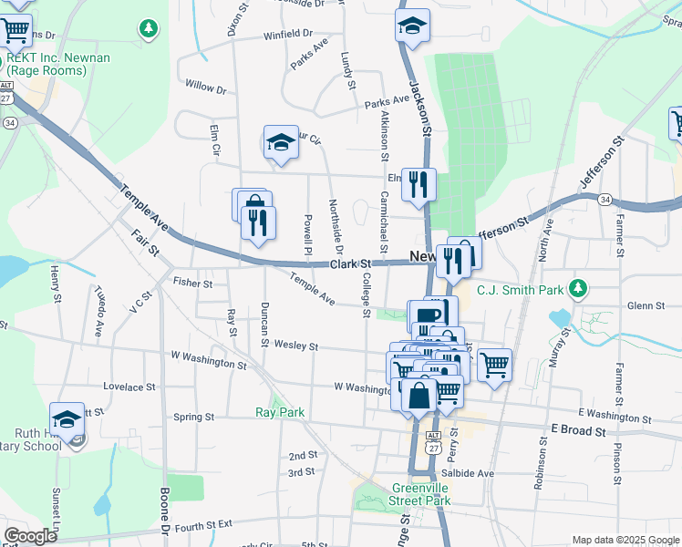 map of restaurants, bars, coffee shops, grocery stores, and more near 43 Temple Avenue in Newnan